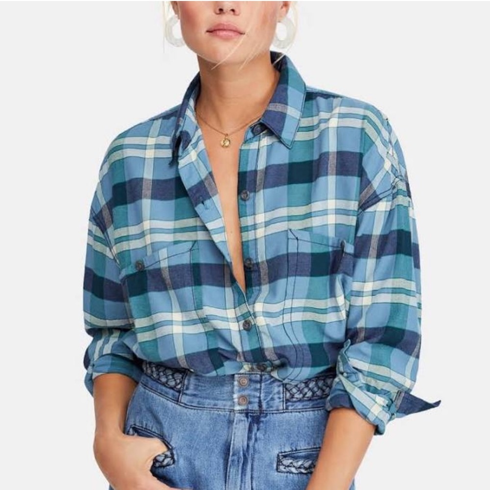 Free People ~ Loveland plaid shirt winter sea blue